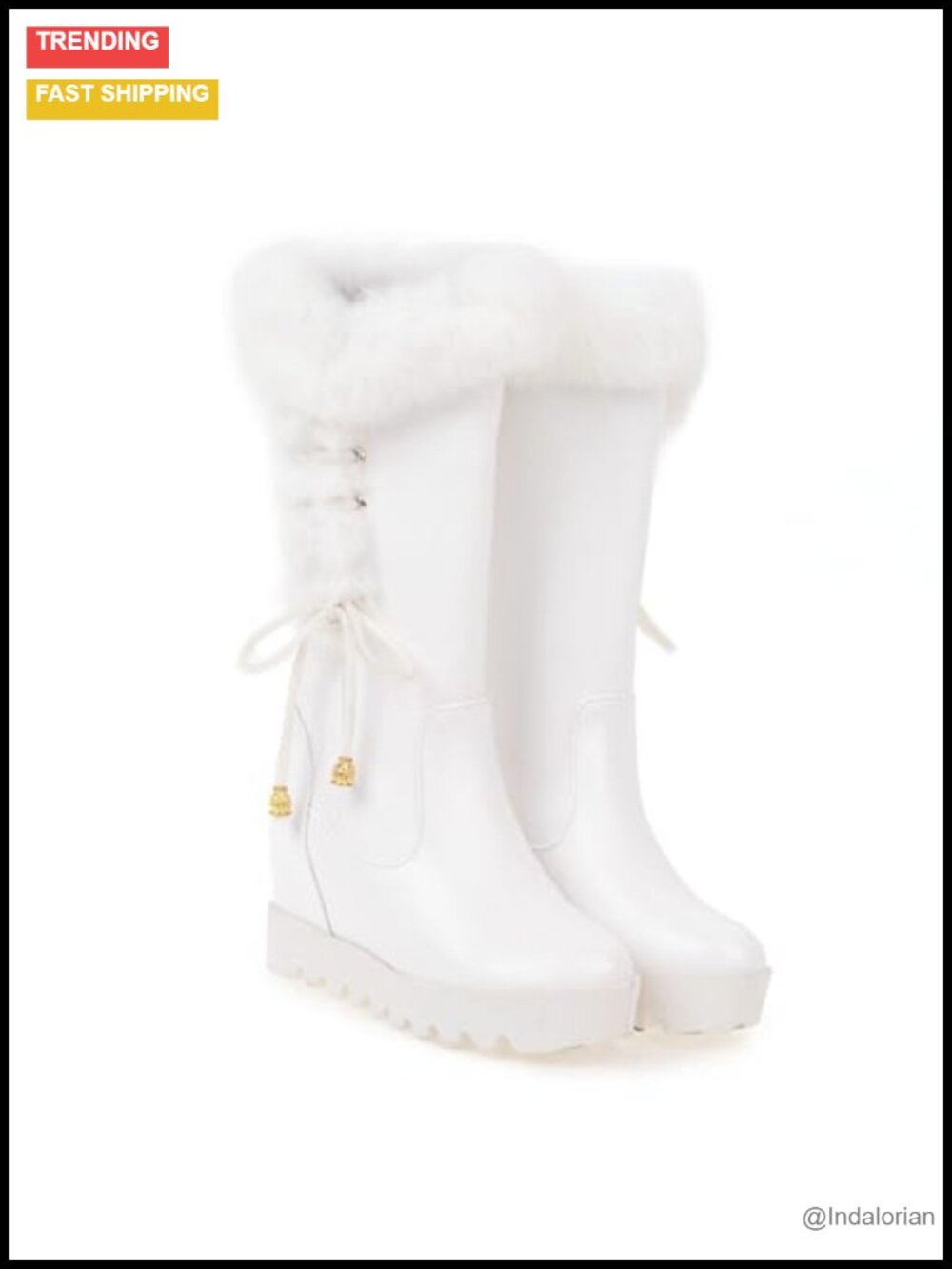 Mid-Calf Platform Hidden Wedge Boots Slip-On Faux Fur Collar Waterproof Stretch